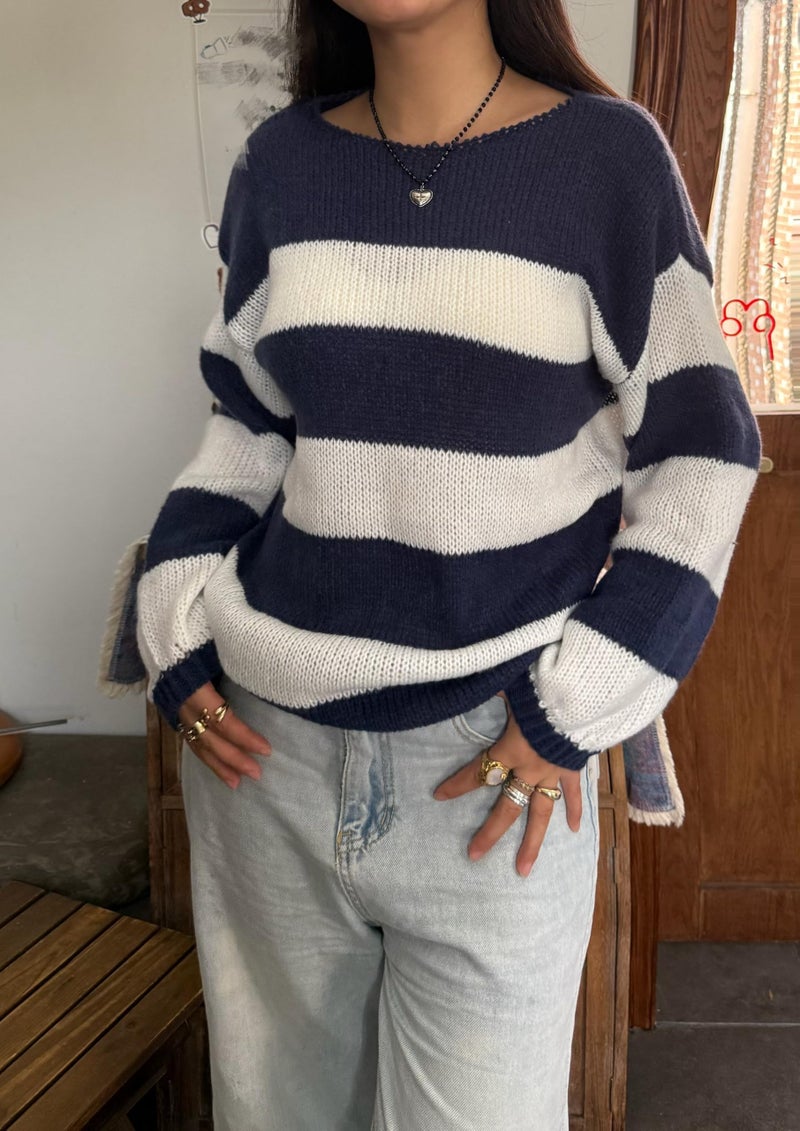 FOMOYUU Women Oversized Striped Sweater Color Block Knit Long Sleeve Sweatshirt Loose Pullover Y2K Preppy Jumper (Blue b, S) - Image 2