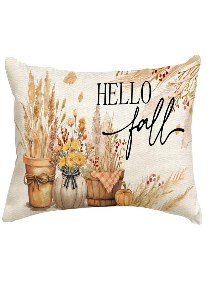 RABUSOFA Hello Fall Dried Pampas Grass Throw Pillow Covers 12x20 Inch,Autumn Floral Decor Thanksgiving Harvest Cushion Case Decoration for Home Sofa(Brown, 12" x 20") - Image 1