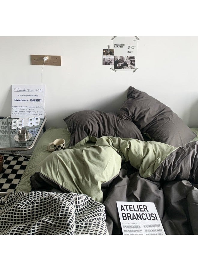 Nanjiren Four-piece Set Washed Cotton Quilt Cover Student Dormitory Bed Single Quilt Three-piece Set Bedding Quilt Cover-Color:Xj Dark Gray Matcha-Specifications:1.5 M Four-piece Set [quilt Cover 1.5x 2 M]] - Image 1