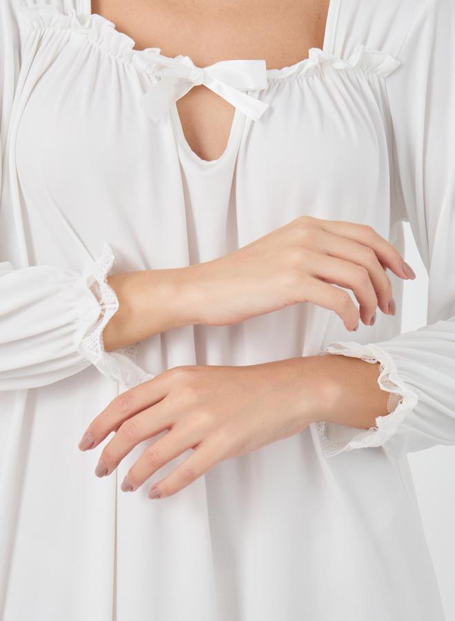 Take Two Take Two Solid Lace Trim Long Sleeve Nightdress  - Image 3