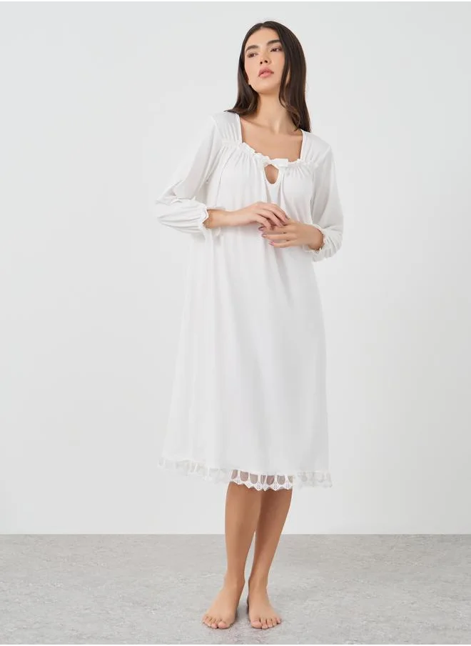 Take Two Take Two Solid Lace Trim Long Sleeve Nightdress