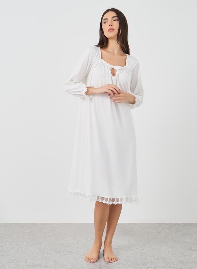 Take Two Take Two Solid Lace Trim Long Sleeve Nightdress  - Image 1