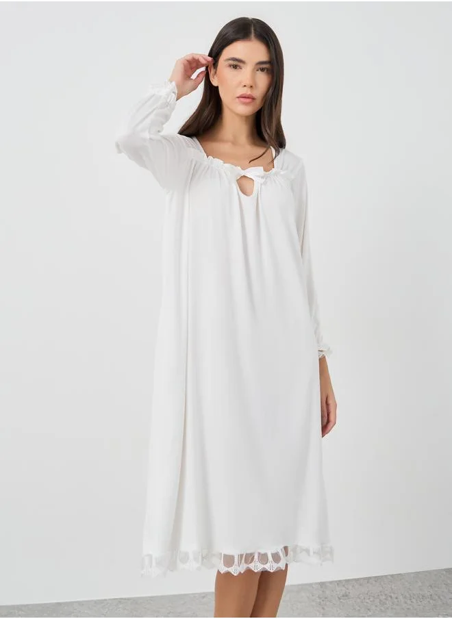 Take Two Take Two Solid Lace Trim Long Sleeve Nightdress