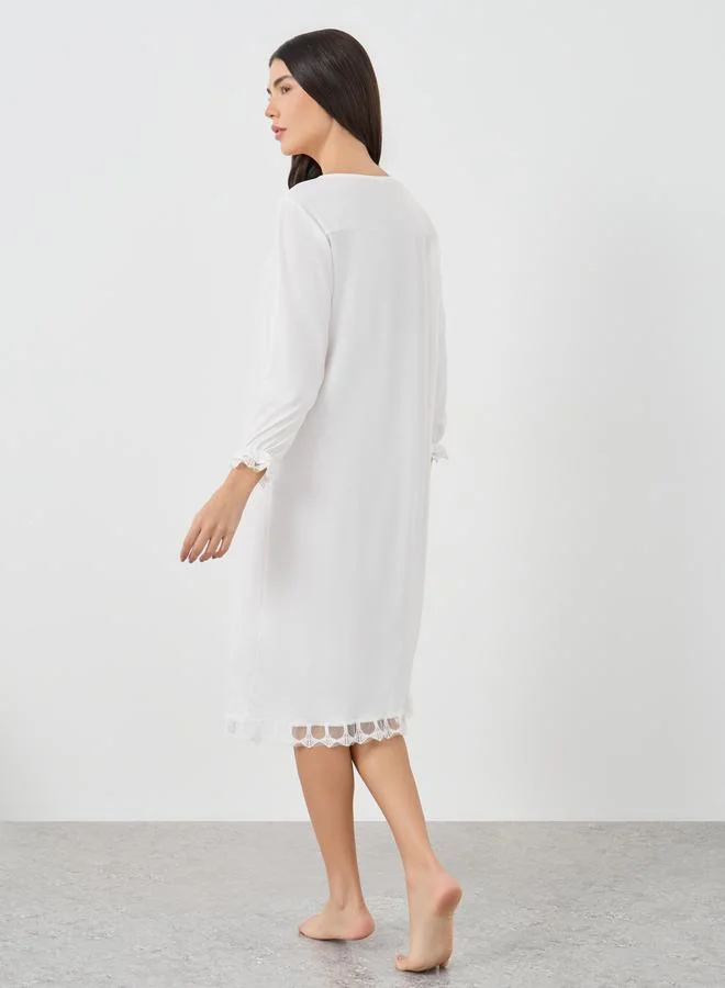Take Two Take Two Solid Lace Trim Long Sleeve Nightdress