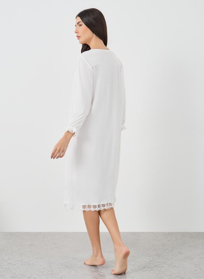 Take Two Take Two Solid Lace Trim Long Sleeve Nightdress  - Image 4