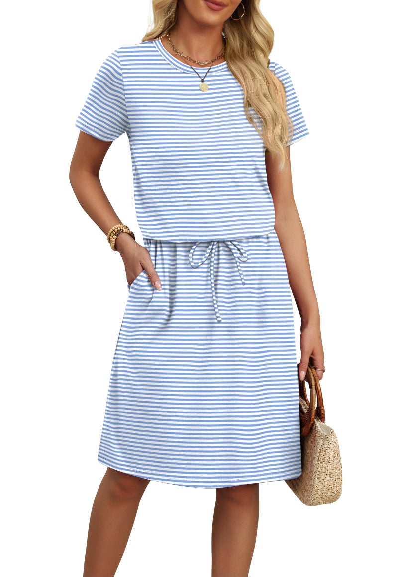OFEEFAN Dresses for Women 2026 Elegant Classy Summer Floral Pretty Garden Spring Wedding Guest Dress Business Casual Work Travel Boho Cocktail Birthday Mini Dresses XL Blue Striped - Image 1
