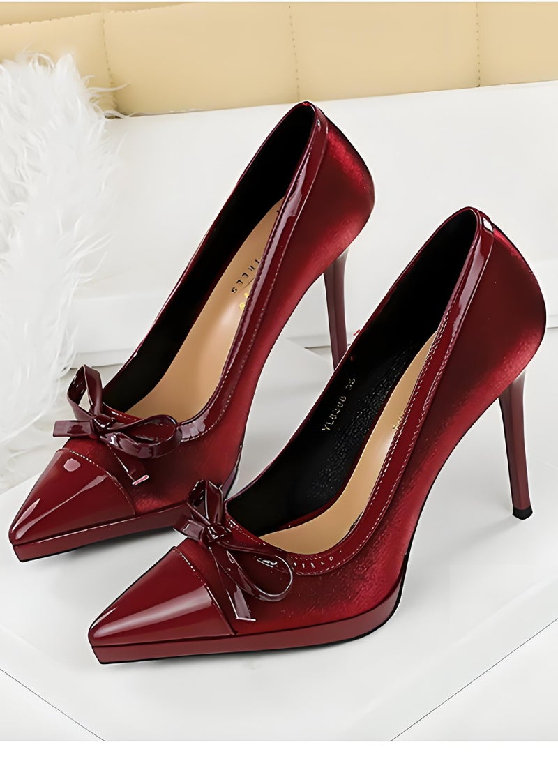 بيج تري المضخات النسائية مغلقة إصبع القدم الكعب العالي مع الديكور القوس النبيذ الأحمر 10.5CM - Image 1