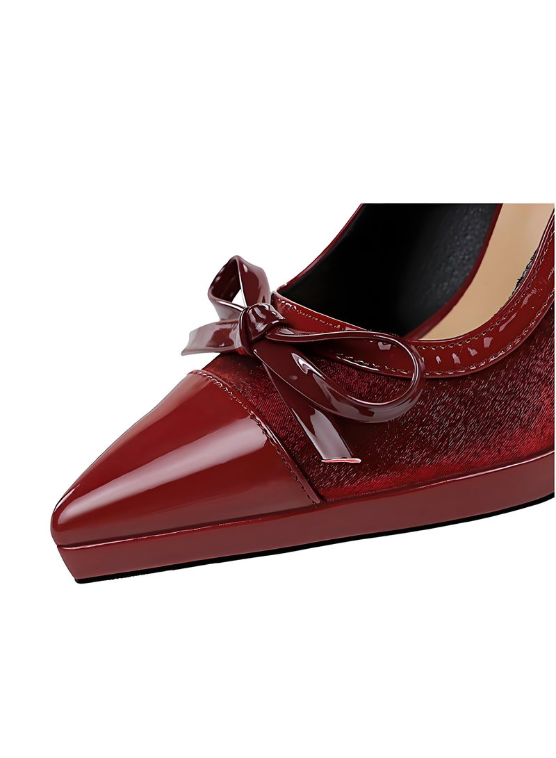 بيج تري المضخات النسائية مغلقة إصبع القدم الكعب العالي مع الديكور القوس النبيذ الأحمر 10.5CM - Image 4