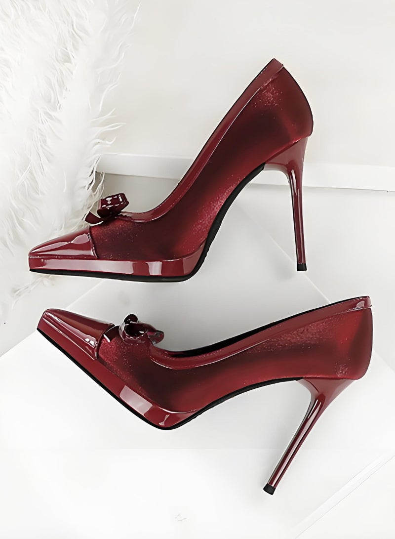 بيج تري المضخات النسائية مغلقة إصبع القدم الكعب العالي مع الديكور القوس النبيذ الأحمر 10.5CM - Image 3