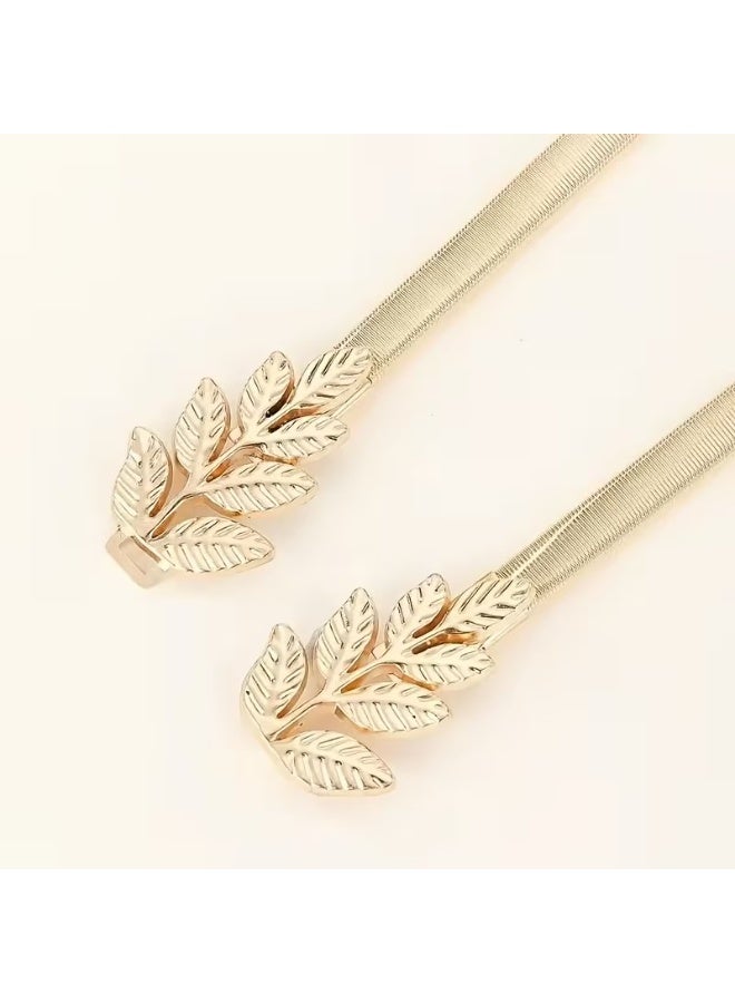 Goolsky Women'S Elegant Golden-Tone Belt - Stretchy Metallic Waist Cinch for Dresses, Suits, Jeans - Formal & Casual Outfits - Wedding, Party, Everyday Belt - Non-Padded Belt for Dresses, Pants, Skirts - Women'S Fashion Accessory, Dress Belt, Party Outfit Enhancer, Sophisticated Style, Decorative Leaf Design, Versatile Fashion Piece, Stylish Accessory, Highquality Finish, Fashionconscious Women - Image 3