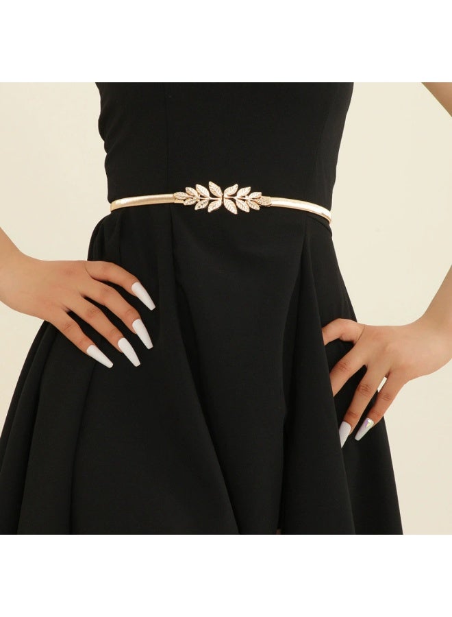 Goolsky Women'S Elegant Golden-Tone Belt - Stretchy Metallic Waist Cinch for Dresses, Suits, Jeans - Formal & Casual Outfits - Wedding, Party, Everyday Belt - Non-Padded Belt for Dresses, Pants, Skirts - Women'S Fashion Accessory, Dress Belt, Party Outfit Enhancer, Sophisticated Style, Decorative Leaf Design, Versatile Fashion Piece, Stylish Accessory, Highquality Finish, Fashionconscious Women - Image 1