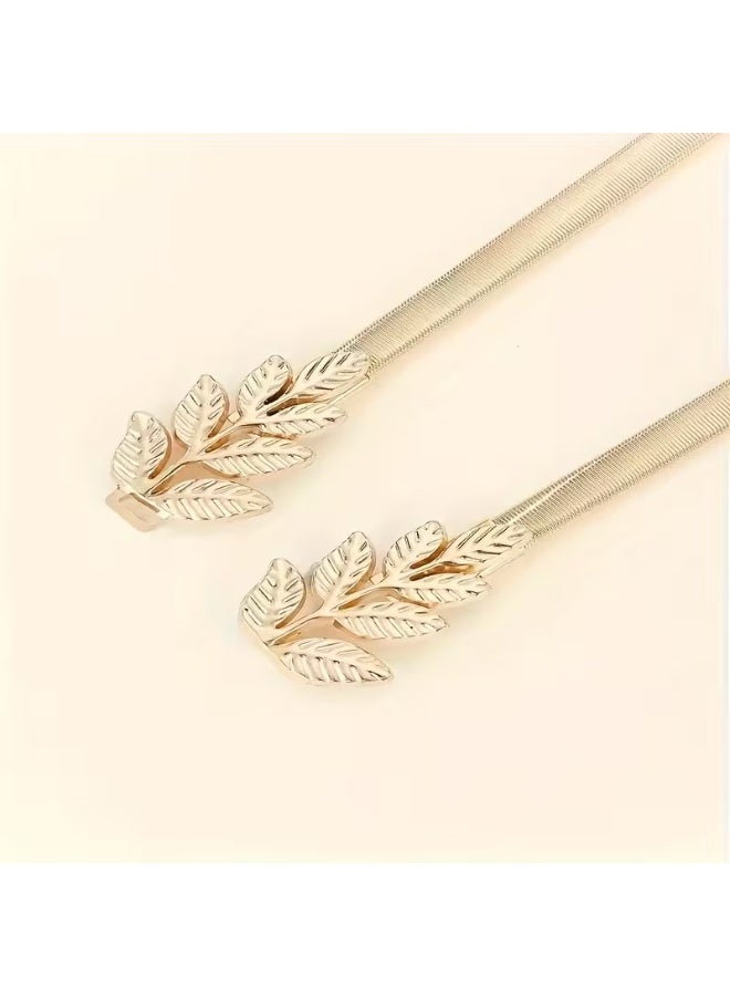 Goolsky Women'S Elegant Golden-Tone Belt - Stretchy Metallic Waist Cinch for Dresses, Suits, Jeans - Formal & Casual Outfits - Wedding, Party, Everyday Belt - Non-Padded Belt for Dresses, Pants, Skirts - Women'S Fashion Accessory, Dress Belt, Party Outfit Enhancer, Sophisticated Style, Decorative Leaf Design, Versatile Fashion Piece, Stylish Accessory, Highquality Finish, Fashionconscious Women - Image 5