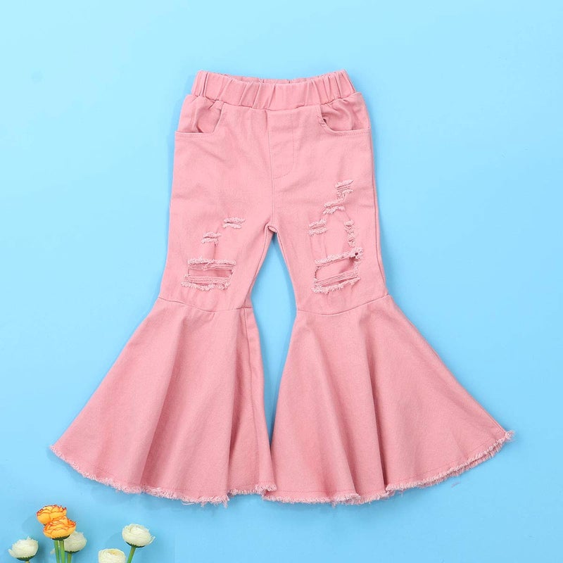 ICECTR Toddler Baby Girls Kid Flared Denim Pants Ruffled Wide Legs Ripped Jeans High Waist Bell Bottoms Casual Outfit (Pink, 1-2T) - Image 2