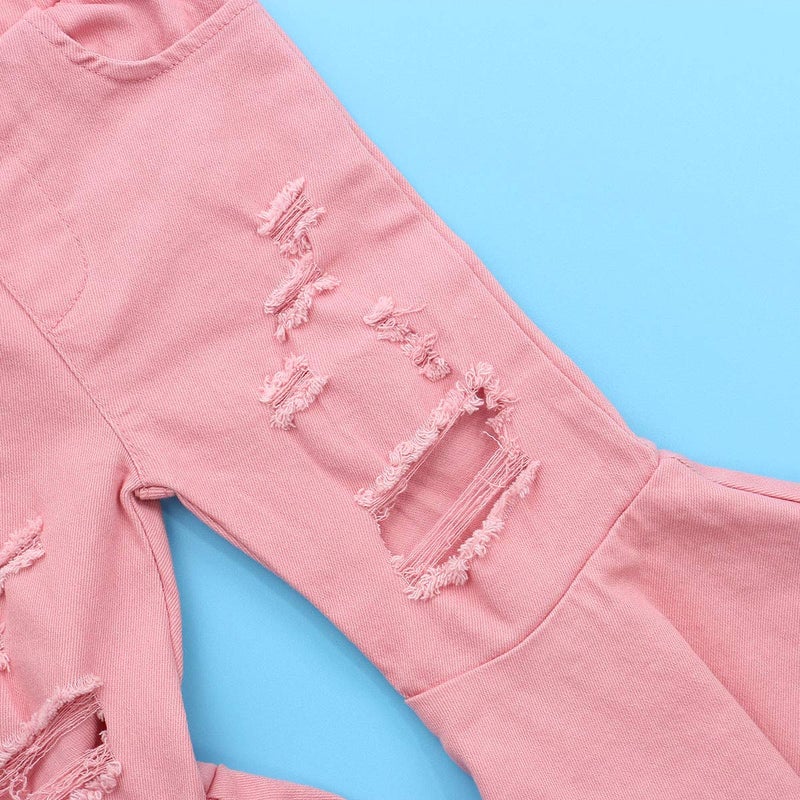ICECTR Toddler Baby Girls Kid Flared Denim Pants Ruffled Wide Legs Ripped Jeans High Waist Bell Bottoms Casual Outfit (Pink, 1-2T) - Image 5
