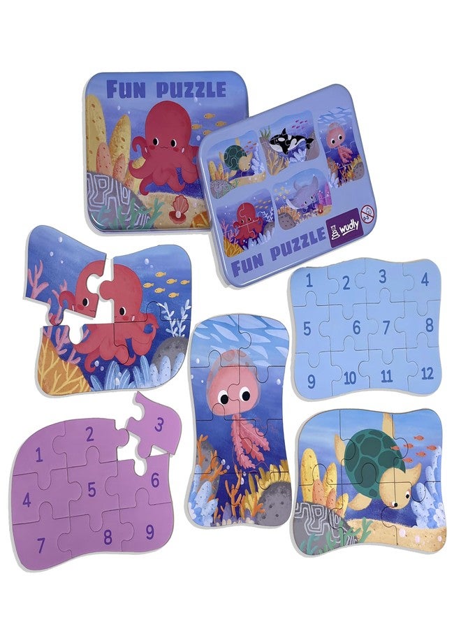 Wudly Jigsaw Puzzle Set in Metal Box, 5 Puzzles with 4-12 Pieces Each, Educational Wooden Toy for Kids 3+ Years - Pig (Octopus) - Image 1