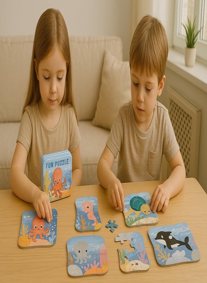 Wudly Jigsaw Puzzle Set in Metal Box, 5 Puzzles with 4-12 Pieces Each, Educational Wooden Toy for Kids 3+ Years - Pig (Octopus) - Image 2