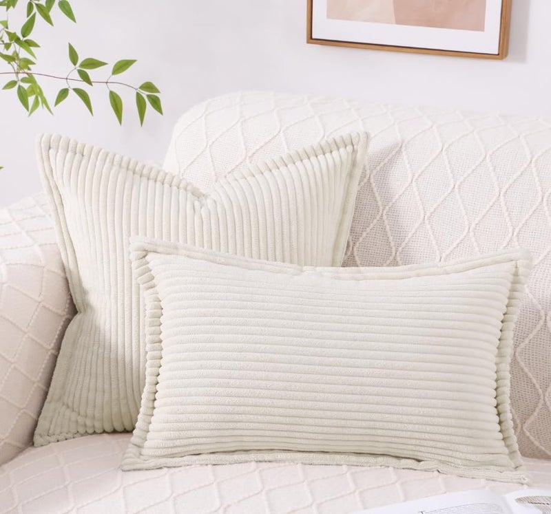 Mecatny Corduroy Pillow Covers 12x20 Inch Set of 2  Striped Decorative Lumbar Spring Throw Pillow Covers with Wide Border for Couch Living Room Bed  Cream White - Image 2
