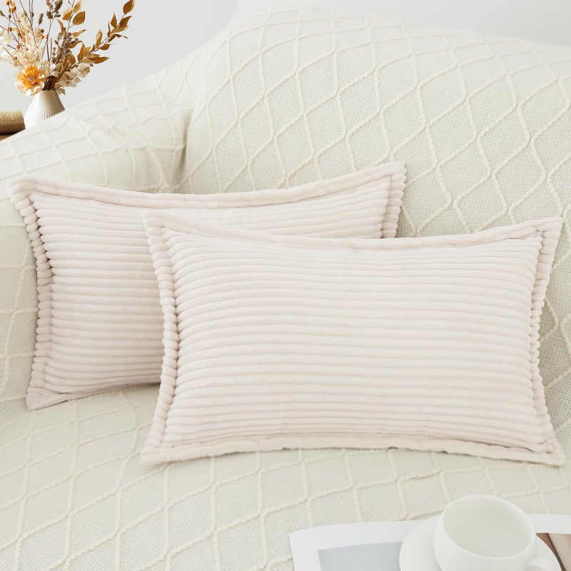 Mecatny Corduroy Pillow Covers 12x20 Inch Set of 2  Striped Decorative Lumbar Spring Throw Pillow Covers with Wide Border for Couch Living Room Bed  Cream White - Image 1