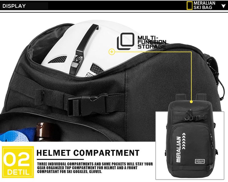 MERALIAN Ski Boot Bag - 50L Ski Boot Travel Backpack Waterproof Snowboard Boot Backpack for Travel Stores Gear Including Helmet, Goggles and Outerwear.(BLK-01) - Image 5