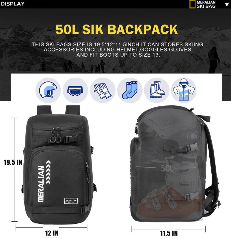 MERALIAN Ski Boot Bag - 50L Ski Boot Travel Backpack Waterproof Snowboard Boot Backpack for Travel Stores Gear Including Helmet, Goggles and Outerwear.(BLK-01) - Image 4