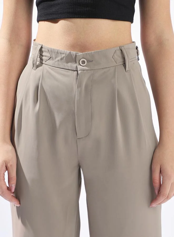 HIGH STAR Taupe Wide Leg Trousers for Women Wide Leg Fit 95% Polyester 5% Lycra Button Closure