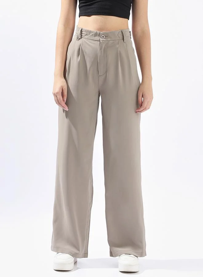 HIGH STAR Taupe Wide Leg Trousers for Women Wide Leg Fit 95% Polyester 5% Lycra Button Closure