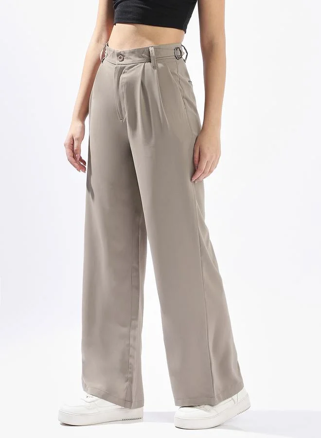 HIGH STAR Taupe Wide Leg Trousers for Women Wide Leg Fit 95% Polyester 5% Lycra Button Closure