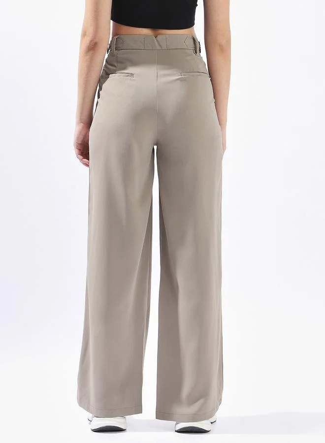 HIGH STAR Taupe Wide Leg Trousers for Women Wide Leg Fit 95% Polyester 5% Lycra Button Closure