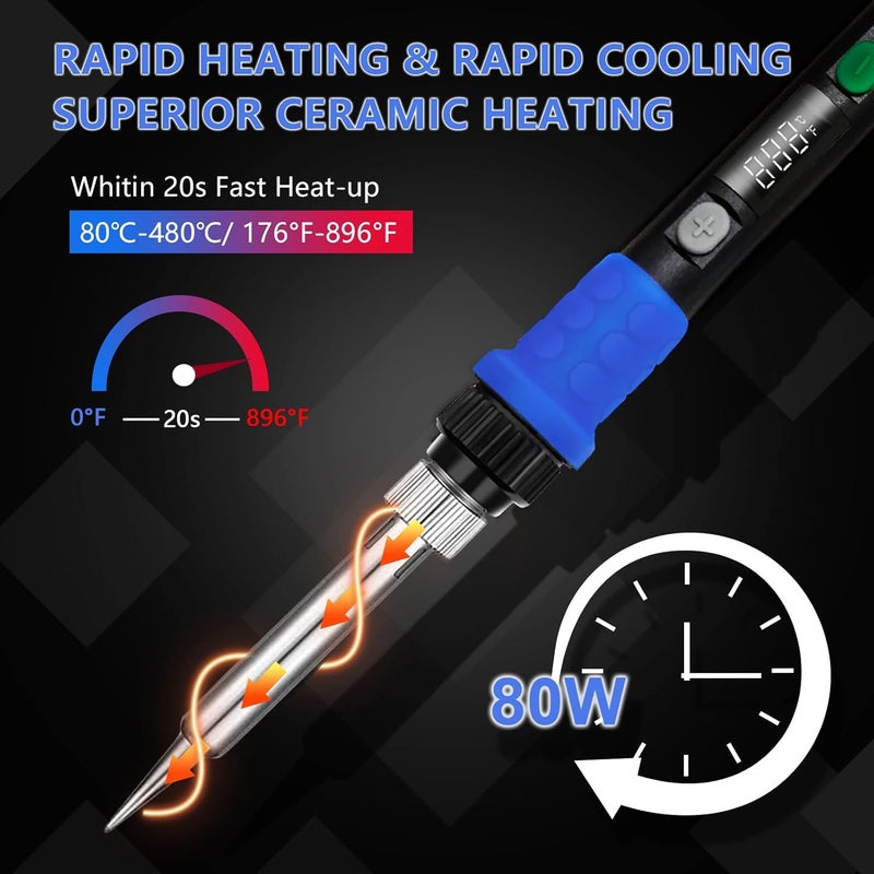 Q-MING Soldering Iron Kit, 90W LED Digital Solder Iron Kit with Ceramic Heater, 110V Welding Tools with Smart Temperature Control, Auto Sleep, Temp Calibration, C/F, Accurate 176℉-896℉ - Image 3
