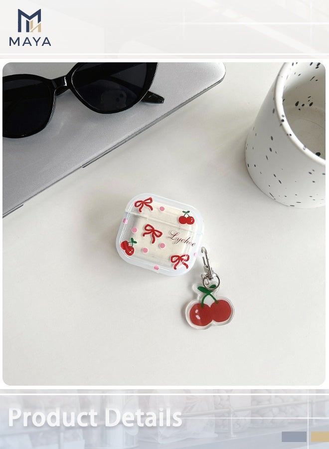 مايا جراب سماعات أذن لسماعات AirPods 4، جراب شفاف جميل مزين بفيونكة وكرز الليتشي، غطاء سيليكون ناعم، غطاء حماية لسماعات AirPods 4 مقاوم للصدمات + سلسلة مفاتيح على شكل كرز - Image 3