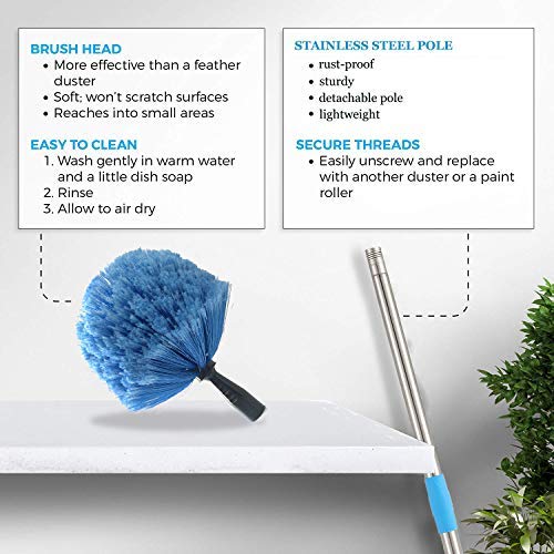 Coconut Cobweb Duster with Extension Pole, 10 FT Long Duster for High Ceilings, Walls, Medium Stiff Bristles Cobweb Brush with Lightweight Stainless Steel Pole for Outdoor Indoor Cleaning - Image 3