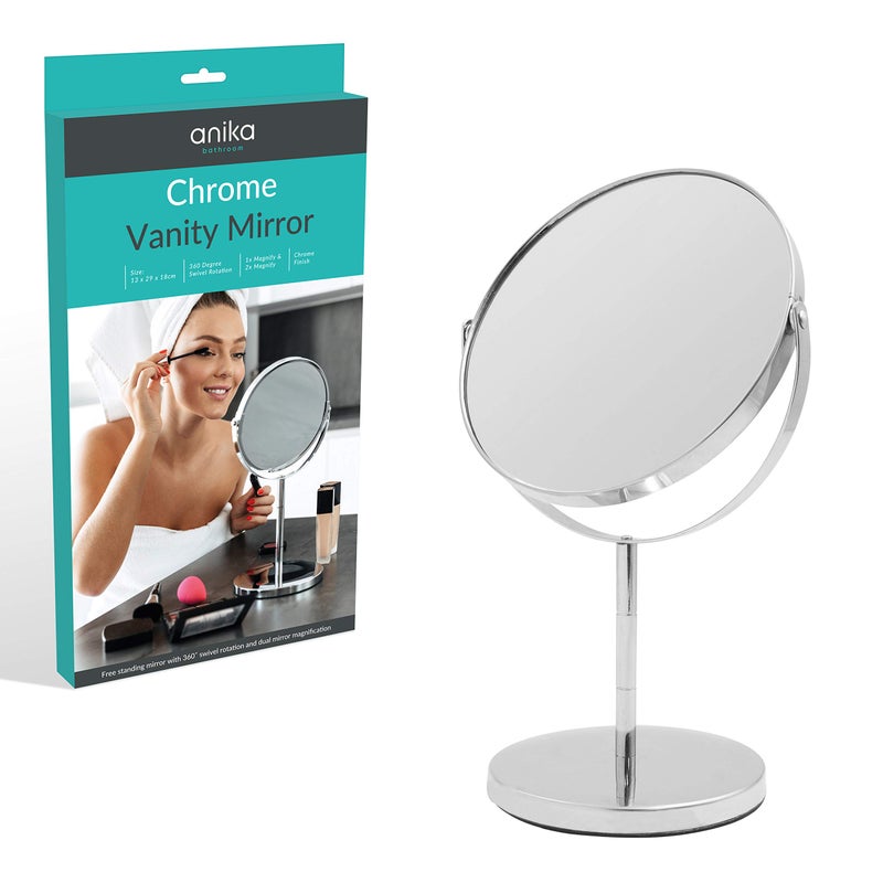 Anika Chrome Countertop Vanity Mirror Double Sided with 360 Swivel Rotation Use in Bathroom Makeup Bedroom 2X Magnification