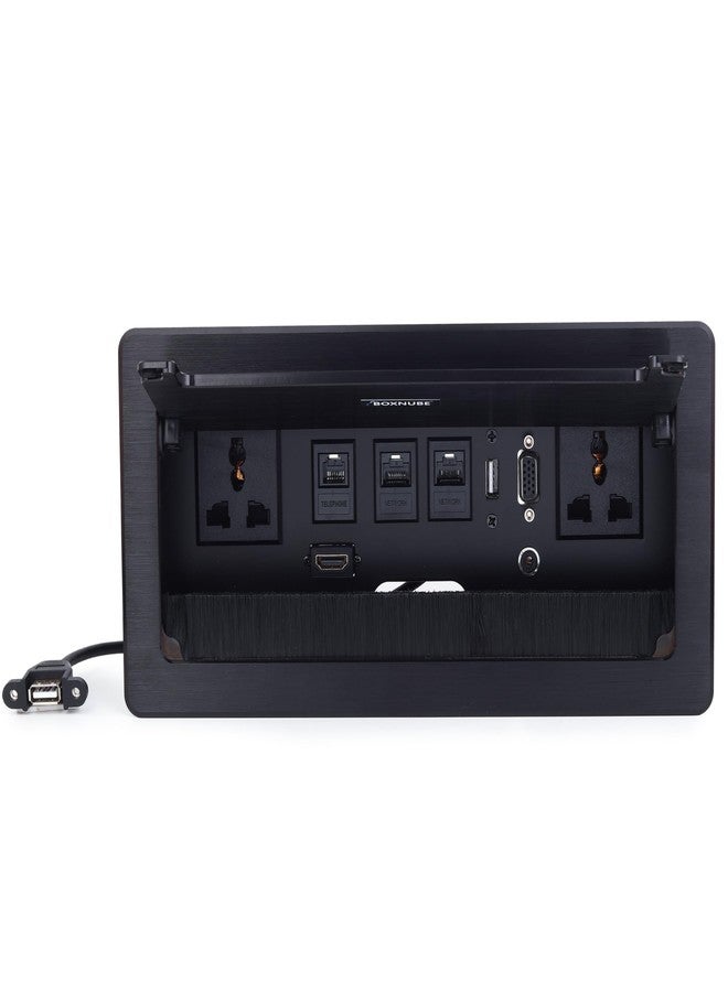 وحدة طاقة مكتبية قابلة للطي من BOXNUBE مزودة بمنافذ طاقة عالمية، HDMI، VGA، منفذي LAN، USB-A، منفذ هاتف ومنفذ AUX | وحدة تخزين كابلات للمكاتب وطاولات الاجتماعات (أسود) - Image 2