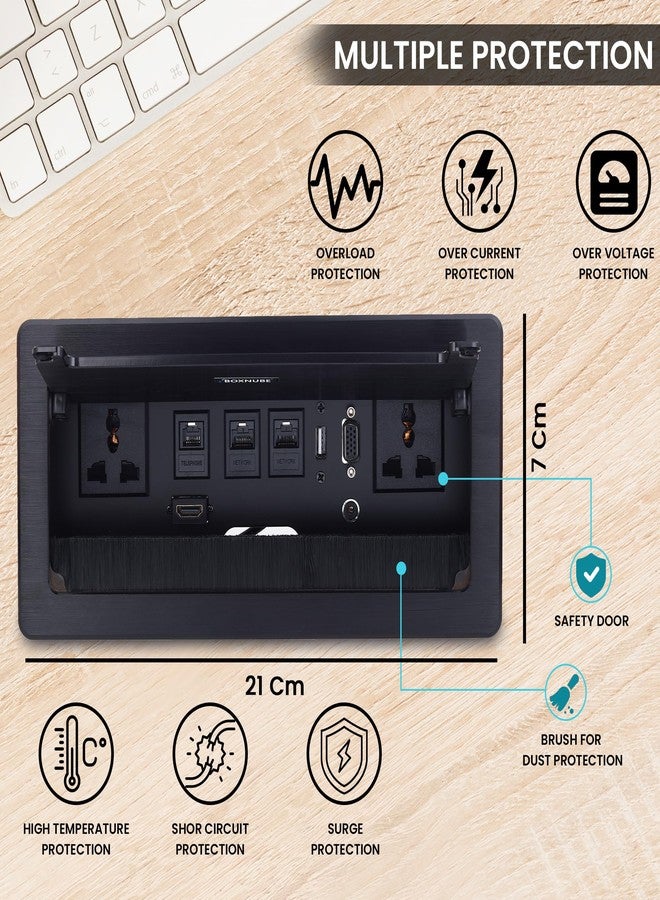 وحدة طاقة مكتبية قابلة للطي من BOXNUBE مزودة بمنافذ طاقة عالمية، HDMI، VGA، منفذي LAN، USB-A، منفذ هاتف ومنفذ AUX | وحدة تخزين كابلات للمكاتب وطاولات الاجتماعات (أسود) - Image 3