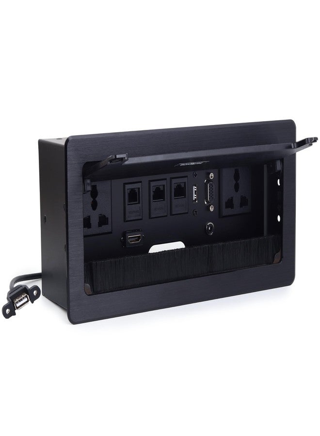 وحدة طاقة مكتبية قابلة للطي من BOXNUBE مزودة بمنافذ طاقة عالمية، HDMI، VGA، منفذي LAN، USB-A، منفذ هاتف ومنفذ AUX | وحدة تخزين كابلات للمكاتب وطاولات الاجتماعات (أسود) - Image 1