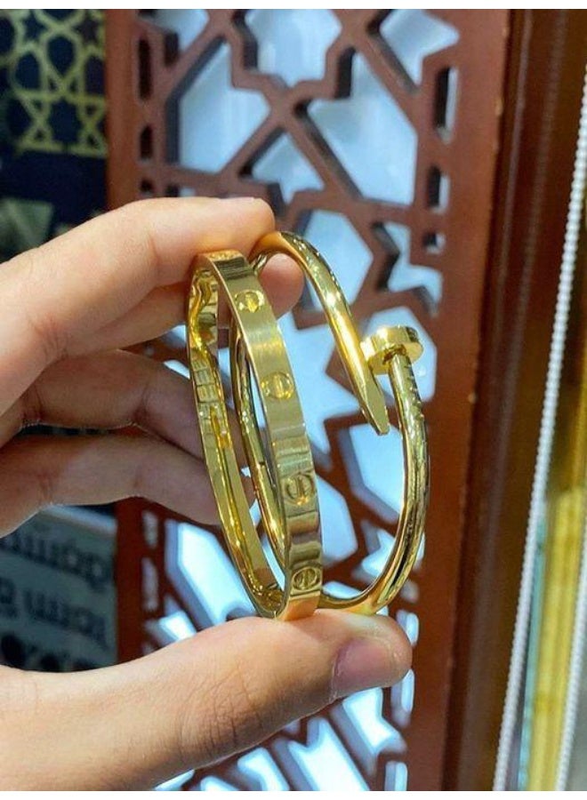 سوار الحب عالي الجودة + سوار مسمار باللون الذهبي من الفولاذ المقاوم للصدأ (قطعتان) - Image 3