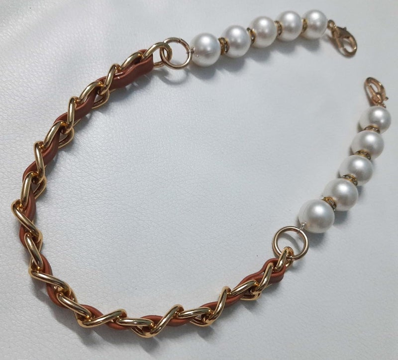 Tia حقيبة كتف فاخرة بسلسلة، بديل سلسلة حقيبة يد، صنع حقيبة، كلاش، تزيين و DIY (سلسلة ذهبية مع لؤلؤة جلد بني مع خطاف - 16 بوصة - 4 قطع) - Image 2