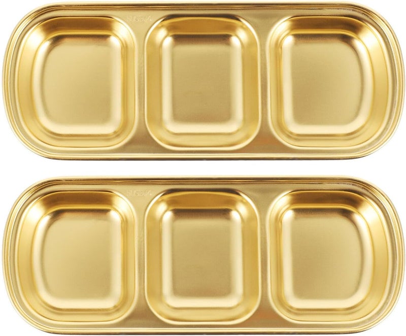 DOITOOL 2 Pcs Stainless Steel Sauce Dishes Divided Seasoning Sauce Dip Bowl 3 Grids Divided Sauce Dishes Side Dishes Ketchup Sauce Bowl Vinegar Soy Spice Condiment Tray for Home Restaurant - Image 1