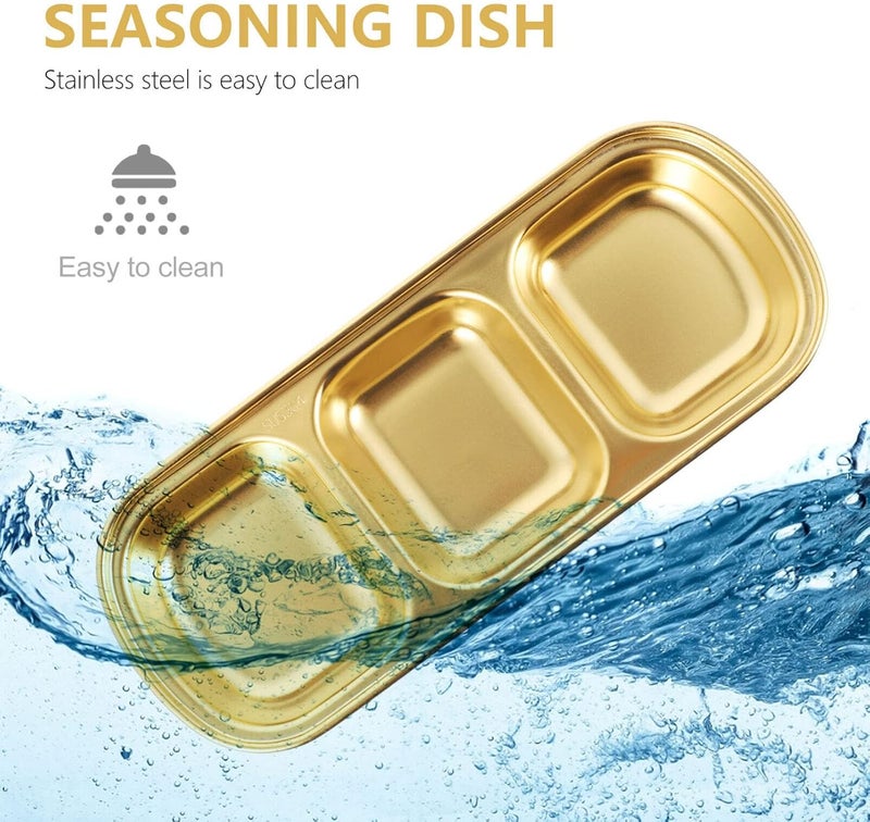 DOITOOL 2 Pcs Stainless Steel Sauce Dishes Divided Seasoning Sauce Dip Bowl 3 Grids Divided Sauce Dishes Side Dishes Ketchup Sauce Bowl Vinegar Soy Spice Condiment Tray for Home Restaurant - Image 5