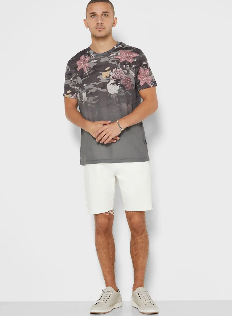 BURTON Camo Floral Print Faded Crew Neck T-Shirt