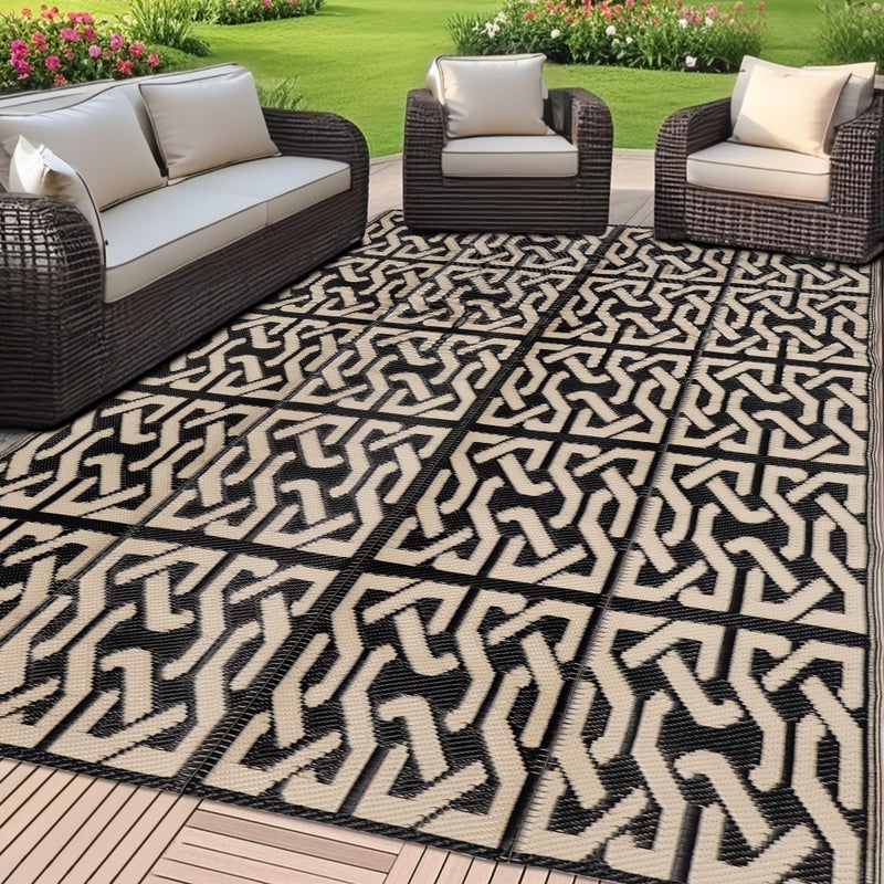 SAND MINE Reversible Mats, Plastic Straw Rug, Modern Area Rug, Large Floor Mat and Rug for Outdoors, RV, Patio, Backyard, Deck, Picnic, Beach, Camping, Trailer, Black & Beige, 5' x 8' - Image 1