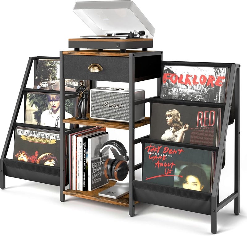 Bentifar Record Player Stand with Large Vinyl Record Storage, Turntable Table with Drawer & Display Shelf, Record Holder Rack for Albums, Speakers, Headphones – Retro Wood & Metal Record Cabinet - Image 1