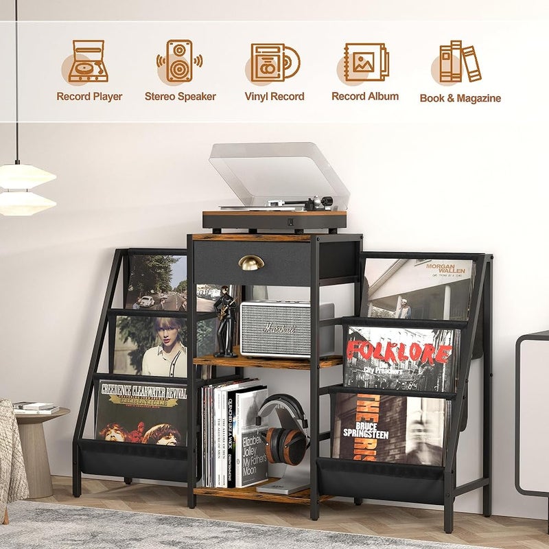 Bentifar Record Player Stand with Large Vinyl Record Storage, Turntable Table with Drawer & Display Shelf, Record Holder Rack for Albums, Speakers, Headphones – Retro Wood & Metal Record Cabinet - Image 2