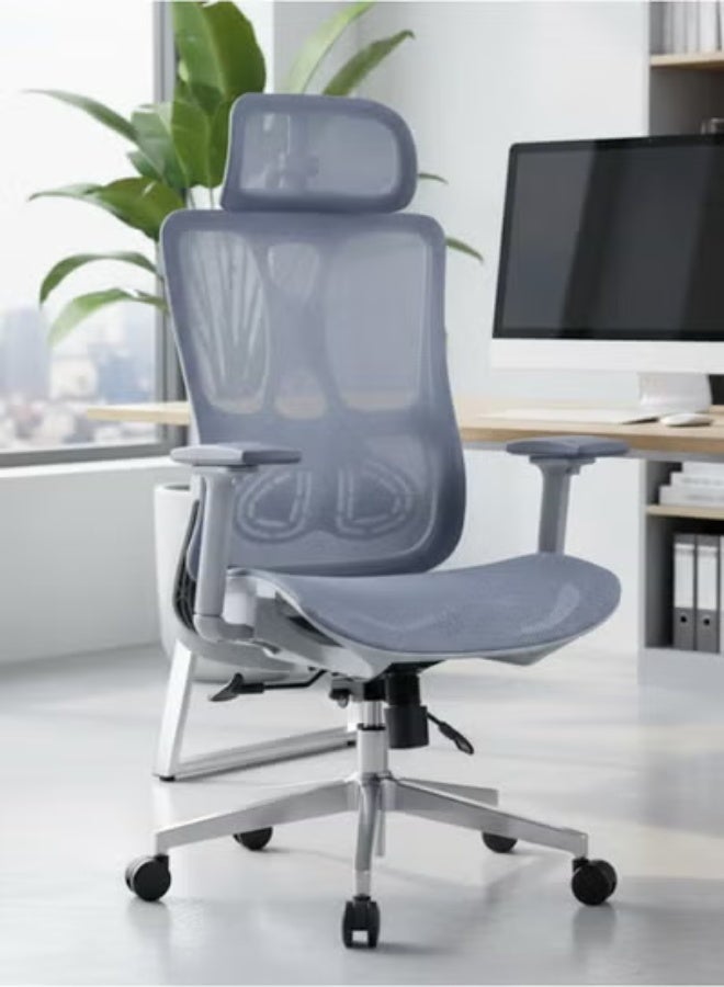 FURALUX Ergonomic Mesh Office Chair with Adjustable Headrest, Lumbar Support, Multi-Directional 4D Adjustable Armrests, Reclining Backrest & Chrome Base – Grey