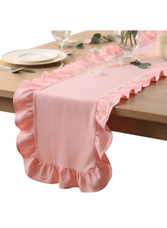 Oudain Pink Ruffle Table Runner Cotton Fabric 118 x 13.8'' Farmhouse Rustic Ruffled Edge Table Runner Wedding Decor for Christmas Holiday Baby Shower Bridal Shower Party - Image 1
