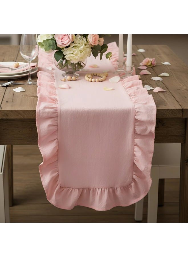 Oudain Pink Ruffle Table Runner Cotton Fabric 118 x 13.8'' Farmhouse Rustic Ruffled Edge Table Runner Wedding Decor for Christmas Holiday Baby Shower Bridal Shower Party - Image 5