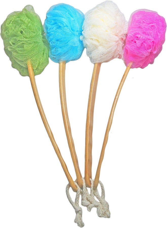 JINS-Hung 4 Pack Shower Loofah Body & Back Scrubber - Exfoliating Loofah luffa loofa Bath Brush On a Stick - with Long Wooden Handle Back Brush for Men & Women - Easy Reach Body Wash & Lotion Applicator - Image 3