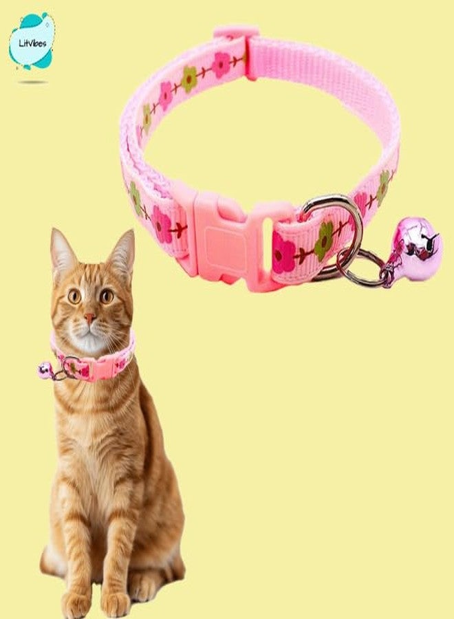Litvibes Cat & Puppy Collar with Bell,Kitten & Small Dogs Soft Adjustable,Safe,Solid & Protective Breakaway for Cats & Puppies,Cute Kitty Neckband with Flower Print-(Pink) - Image 4