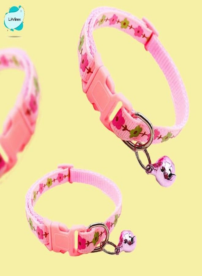 Litvibes Cat & Puppy Collar with Bell,Kitten & Small Dogs Soft Adjustable,Safe,Solid & Protective Breakaway for Cats & Puppies,Cute Kitty Neckband with Flower Print-(Pink) - Image 2