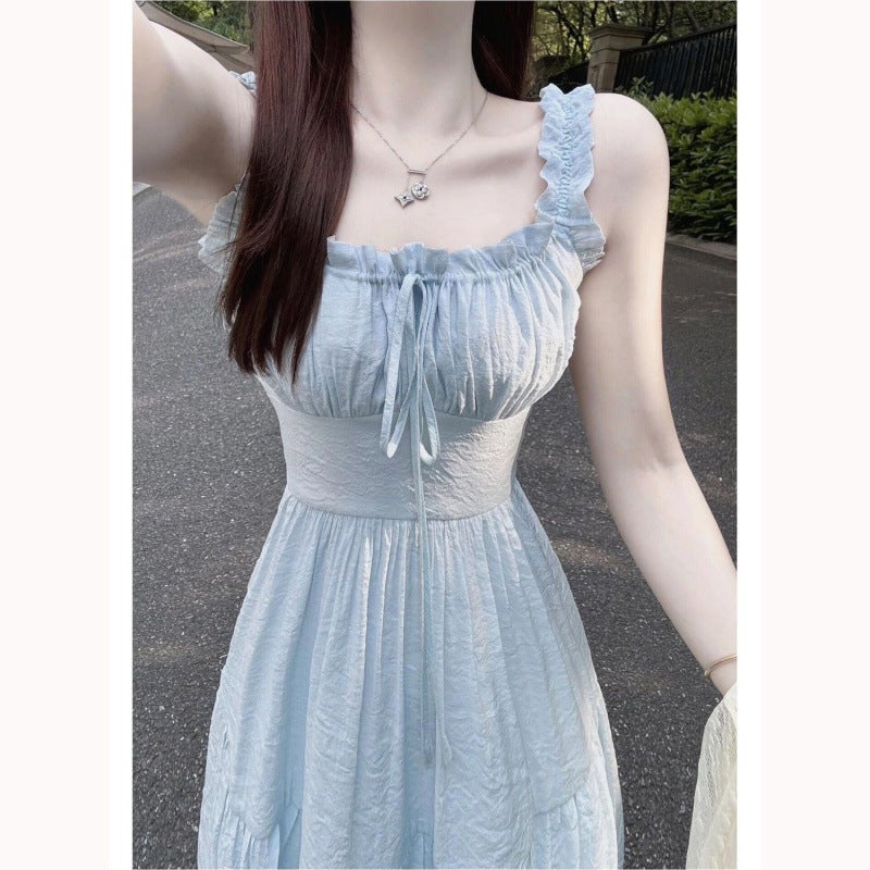 Mo Yi Yixius Beach Vacation Outfit, a Set of Outfits with a Hollow Suspender Dress, a Summer Sun Protection Shirt for Female Students Single piece blue suspender skirt high quality